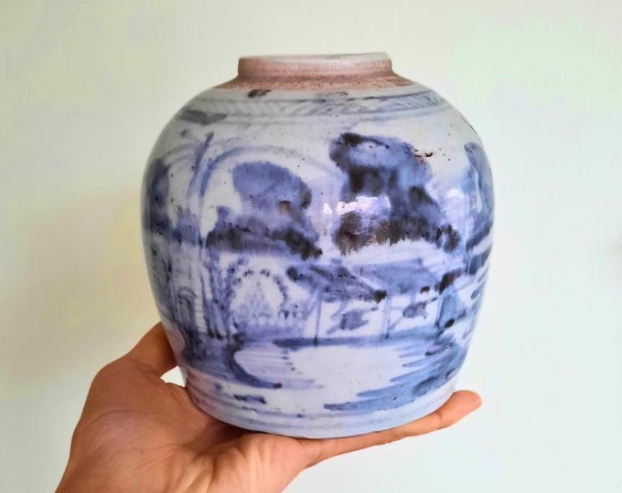 Antique 19th Century Qing Dinasty Chinese Provincial Ginger Jar With Hand-Painted Landscape River Scene 6'' Tall