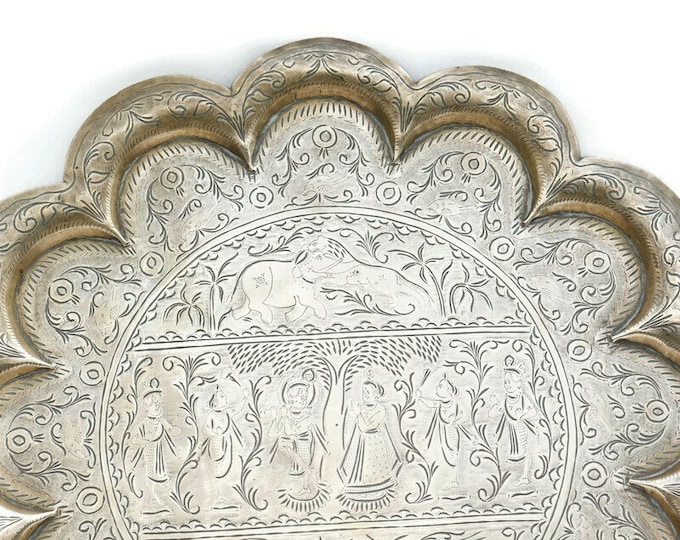 Vintage Hand Engraved Brass Tray: Indian Figural Decor, Scalloped Edge (15.5'')