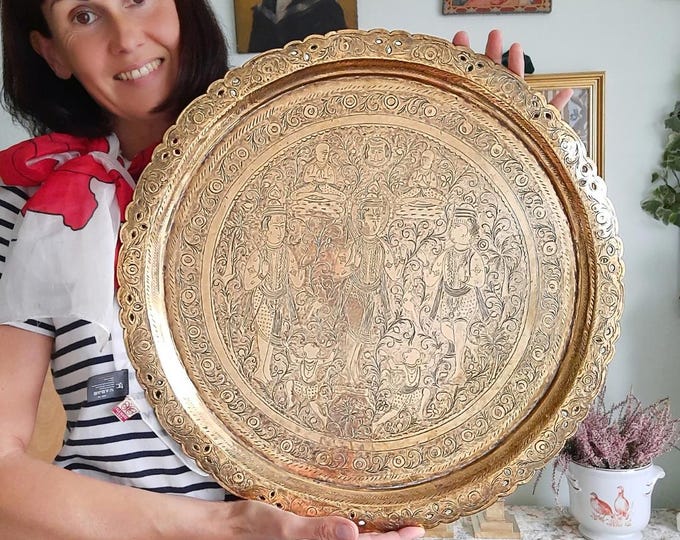 Large Antique Anglo-Indian Brass Wall Decor With Hand Engraved Figural Decoration Ready To Hang