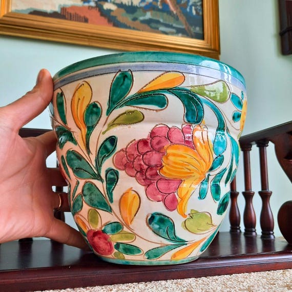 Large Mid Century Italian Pottery Planter With Floral Hand-Painted Decoration