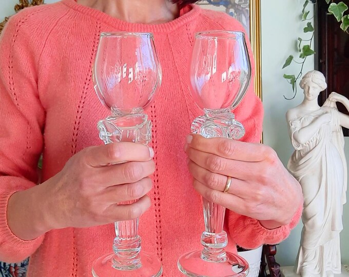 Vintage Studio Glass Hand-Blown Neoclassical Shape Wine Goblets Signed By The Artist UNIQUE 11'' Tall