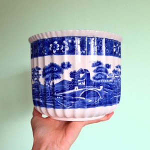 May include: A white and blue ceramic planter with a landscape design. The planter has a ribbed exterior and a scalloped rim. The blue design depicts a bridge, trees, and buildings.