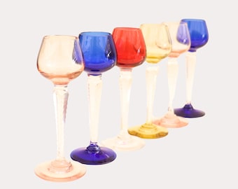 6 Colored Bohemian Crystal Shots Glasses, Mid Century Liquor Glasses, Crystal Shot Glasses
