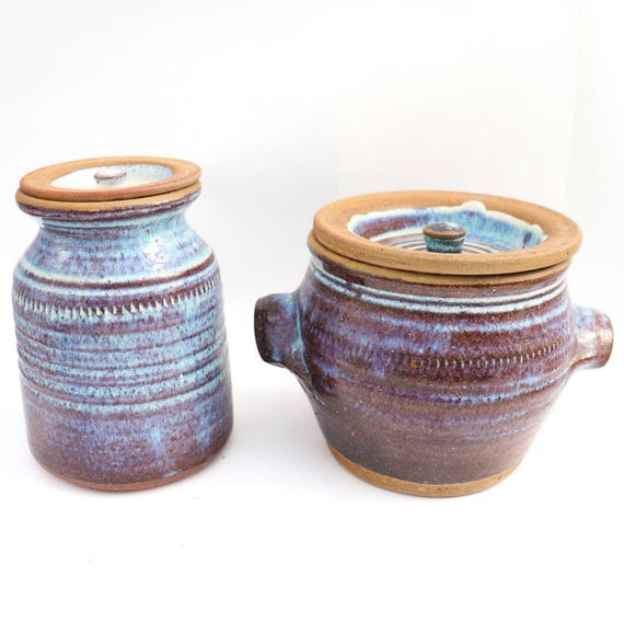 Two Rustic Studio Pottery Lidded Jars Blue Purple Brown Glaze, Rustic Kitchen Storage