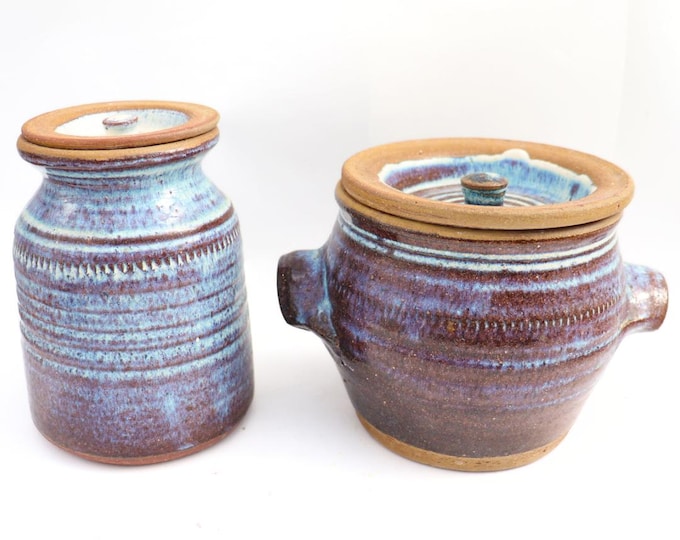 Two Rustic Studio Pottery Lidded Jars Blue Purple Brown Glaze, Rustic Kitchen Storage