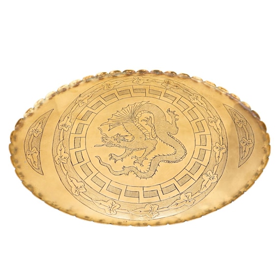 Oval Chinese Hand Engraved Brass Serving Tray Decorated with Dragon  D 16.2 '' long