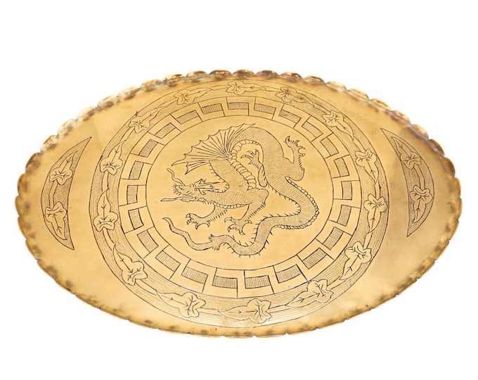 Oval Chinese Hand Engraved Brass Serving Tray Decorated with Dragon  D 16.2 '' long