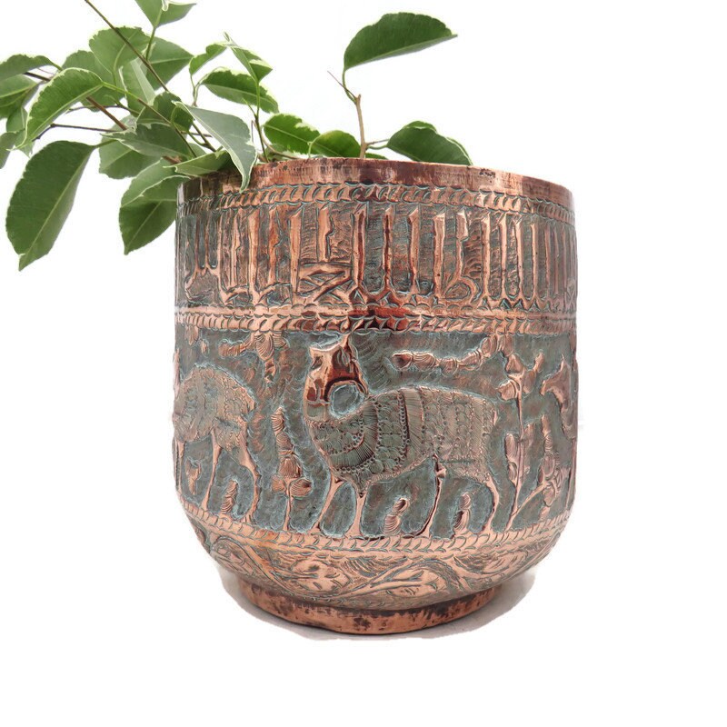 Antique Middle Eastern Hand Embossed Copper Jardiniere.Antique Embossed