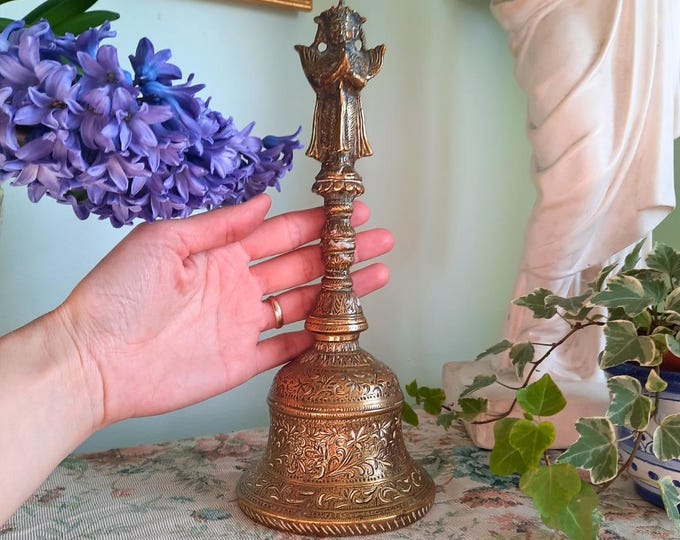 Large Heavy Indian Antique Rare Temple Bell Hindu Religious Brass Hanuman Bell H 11.2''