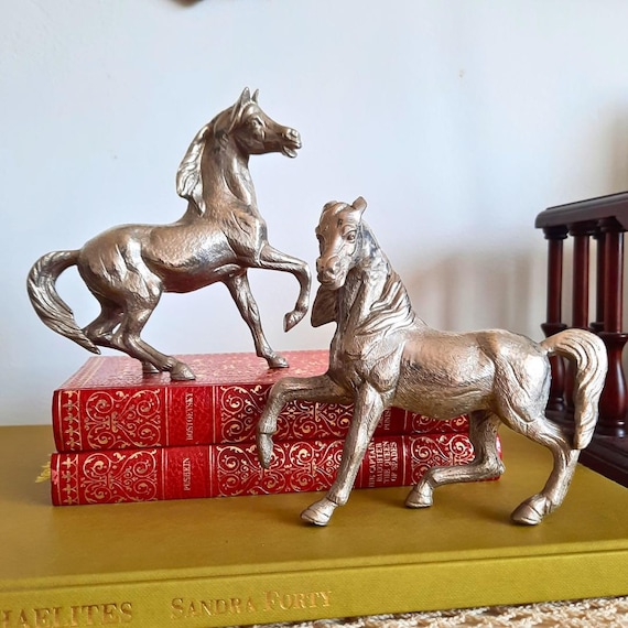 Mid Century Metal Chromed Plated Pair of Horses Statuettes Male and Female