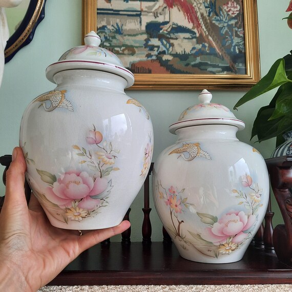 Large Mid Century James Kent Staffordshire Old Foley Ginger Jar Pair: Floral Fenix Bird Ceramic Vases