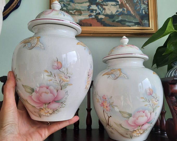 Large Mid Century James Kent Staffordshire Old Foley Ginger Jar Pair: Floral Fenix Bird Ceramic Vases