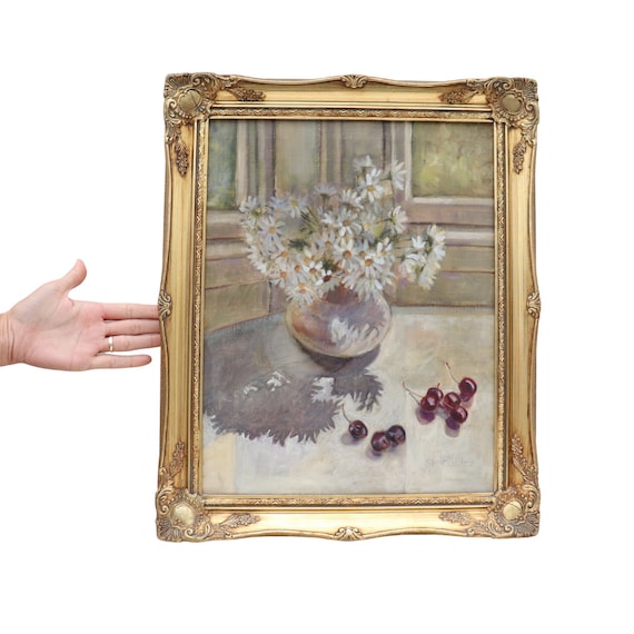 Ornate Golden Framed Original Floral Oil Painting by Sandra McCabe (1943-2020) - 20th Century Summer Study, Daisies Oil Painting