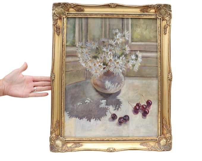 Floral Oil Painting: Daisies Still Life, Golden Ornate Frame