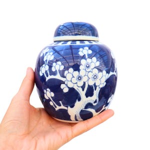 Old Hand Painted Blue and White Ginger Jar H 6'' , Chinese Prunus Vase, Blue & White Ginger Jar