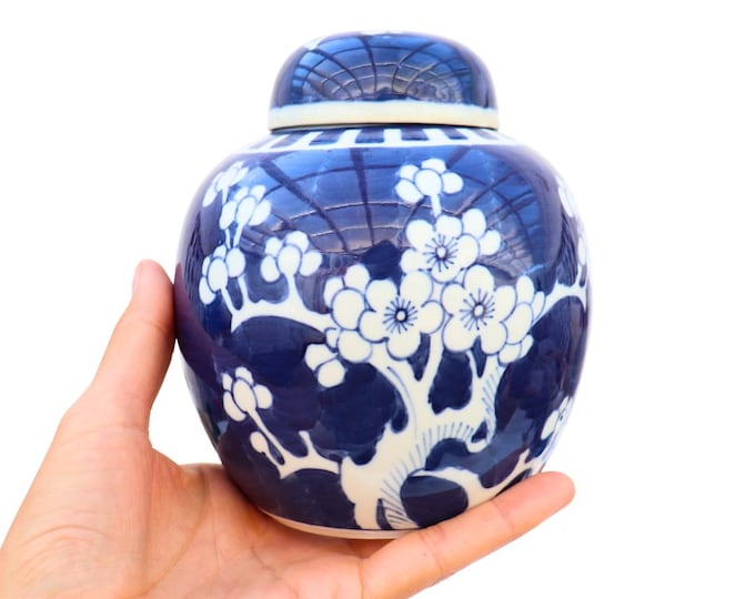 Vintage Blue and White Prunus Ginger Jar: Hand Painted Chinese Vase, 6"