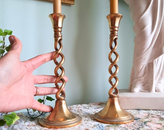 Antique Victorian Barley Twist Brass Candle Holders Pair 1800s H 9.2''