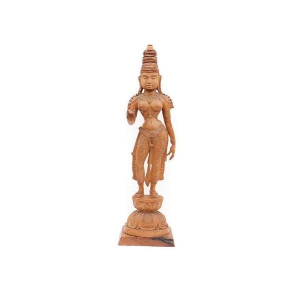 Very Large 26'' Wooden Carved Indian Goddess Lakshmi Standing On Lotus Flower 26'' H, Carved Indian Goddess