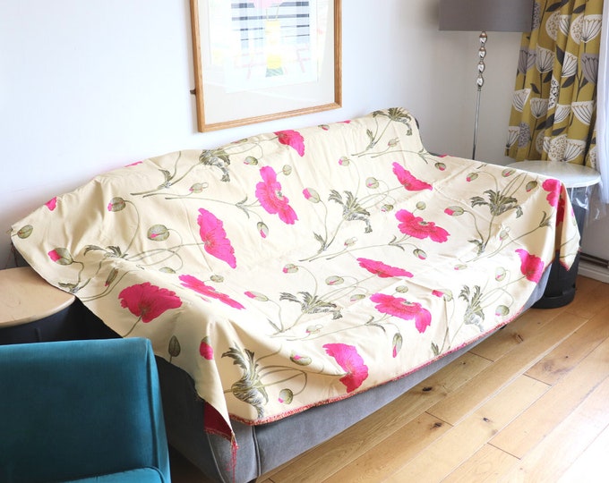 Floral Jacquard Cotton Upholstery Fabric Remnant: Pink Poppies