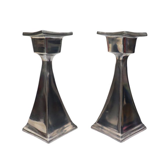 Vintage White Metal Candleholders Pair Arts Crafts Style, Aluminium Candlestick Holders