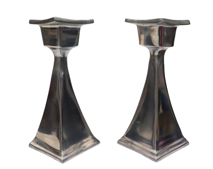 Vintage White Metal Candleholders Pair Arts Crafts Style, Aluminium Candlestick Holders