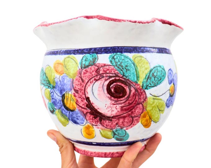 Large Mid Century Italian Pottery Planter With Ruffled Rim And Floral Hand-Painted Decoration