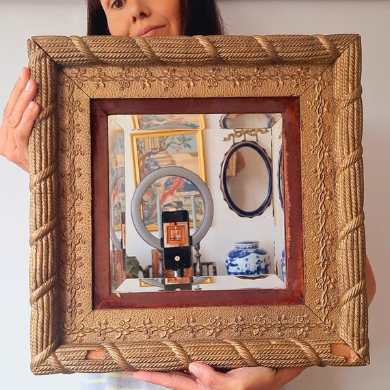 Antique Victorian Gilt Wood Square Wall Beveled Edge Mirror Rope Effect And Floral Decoration