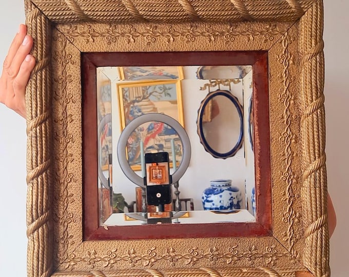 Antique Victorian Gilt Wood Square Wall Beveled Edge Mirror Rope Effect And Floral Decoration