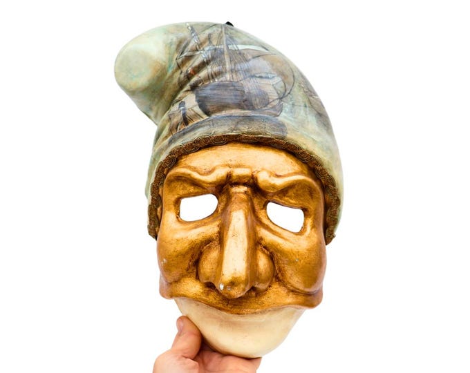 Vintage Venetian Mask: Hand-Painted Paper Mache Commedia dell'Arte Wall Decor