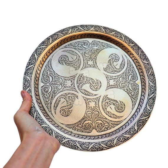 Mid Century Indian Brass Tray With Engraved Fish and Foliate Design 11.6 '', Nautical Brass Tray, Black Enamel and Brass Tray for 4 people.