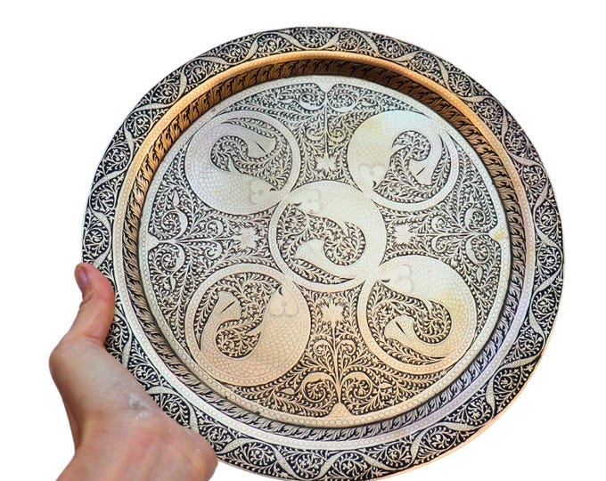 Mid Century Indian Brass Tray: Engraved Fish & Foliate Design