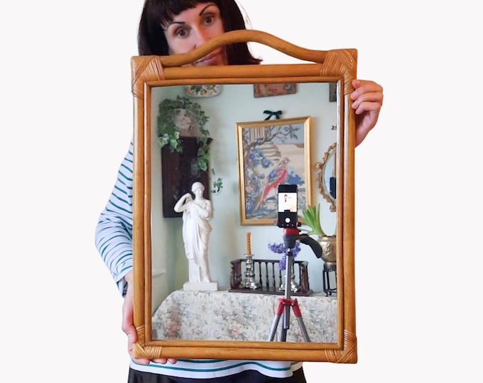 Vtg Mid Century Rectangular Bamboo Wall Mirror H 24.2 In Tall