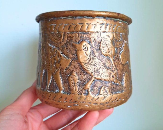 Antique Small Middle Eastern Mameluke Engraved Brass Planter Pot H 10 cm, Small Planter, Cactus planter, Brass Eclectic Pen Holder