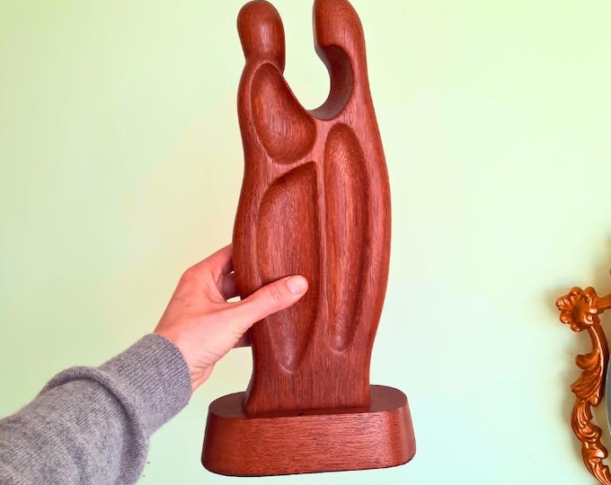 Tall MCM Teak Wood Sculpture Of A Couple Embracing Each Other 15.5''