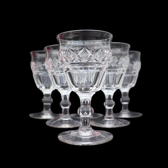 6 Antique Edwardian Cut Crystal Port or Sherry Glasses Excellent Condition C 1910's-20's.