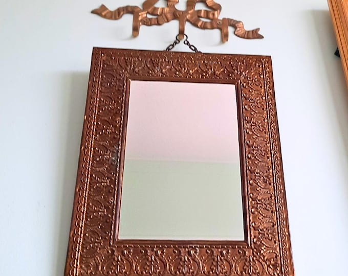 Antique Small Ornate Rectangular Embossed Brass Wall Mirror C 1920's.