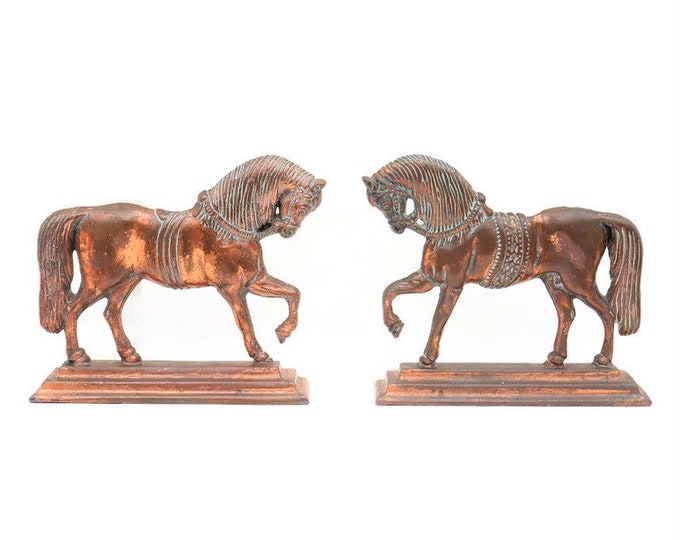 Featured listing image: Large Antique Copper and Cast Iron Flat Back Horse Doorstops Pair, Victorian  Metal Horse Mantlepiece .