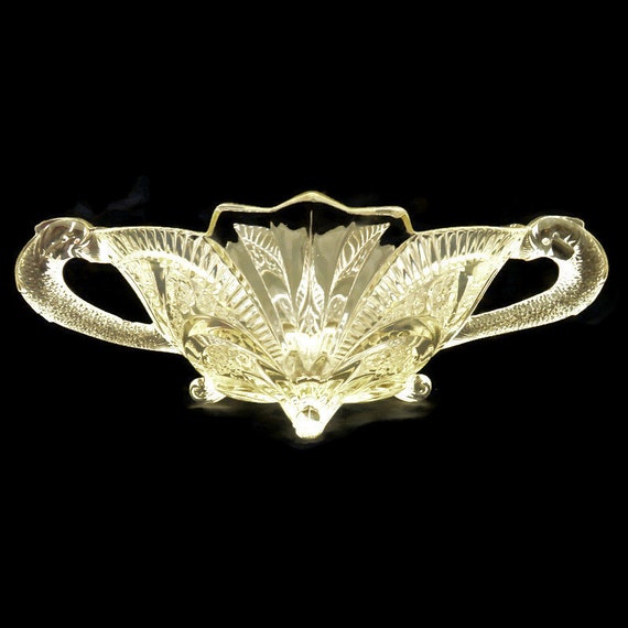 Large Art Deco Brockwitz Fruit Bowl Centrepiece With Dolphin Handles 1930's German Pressed Glass