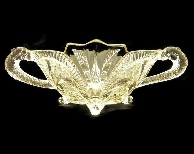 Large Art Deco Brockwitz Fruit Bowl Centrepiece With Dolphin Handles 1930's German Pressed Glass