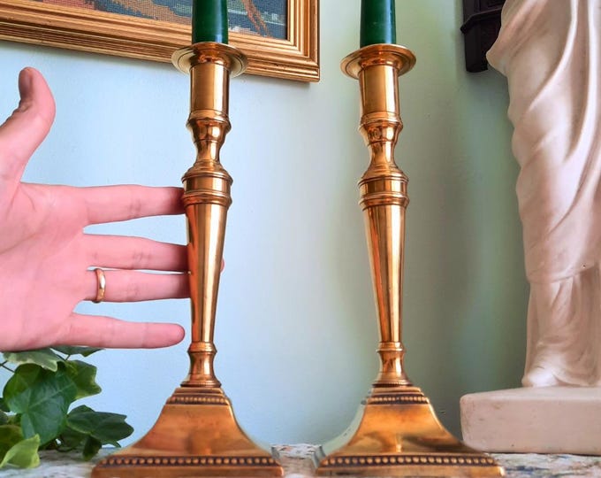 Large Pair Of Georgian Brass Candlesticks Pair H 9.5 Square Bases , George III Candlesticks Holders.