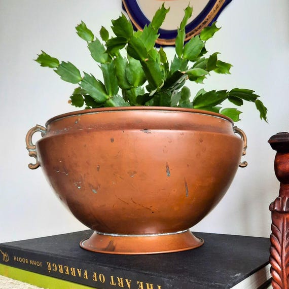 Large Antique Copper & Brass Handle Jardiniere Cachepot