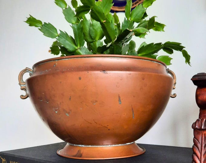 Large Antique Copper & Brass Handle Jardiniere Cachepot