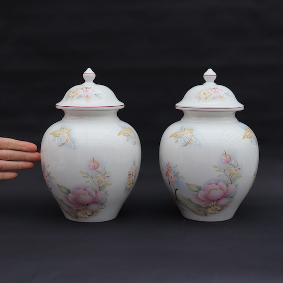 Large James Kent Old Foley Ceramic Ginger Jars Pair with Fenix Birds and Floral Pattern , 50's Lidded Vases  Jars Pair 10.5'' High