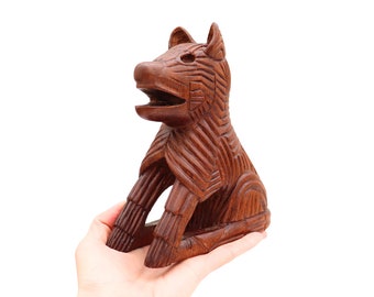 Vintage Hand Carved Wooden Dog-Wolf Figure, Wood Animal Decor, Boho Decor, Carved Animal