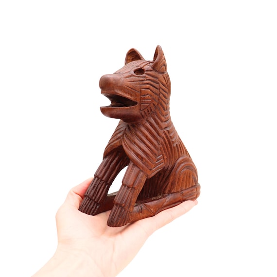 Vintage Hand Carved Wooden Dog-Wolf Figure, Wood Animal Decor, Boho Decor, Carved Animal