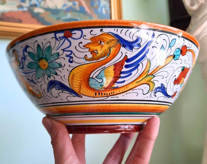 Vintage S Gimignano Italy Hand-Painted Ceramic Bowl With Dragon Majolica 21 cm Diameter
