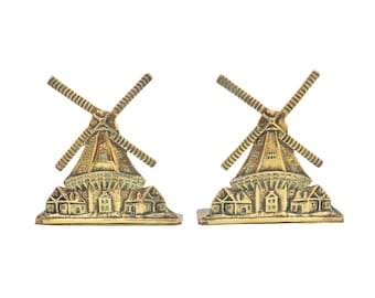 Vintage Brass Windmill Bookends, British Brass Windmill Bookends, Old Windmill Bookends