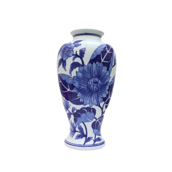 Large Chinese Ceramic Blue And White Vase With Floral Decoration H 13.7'' Excellent Condition