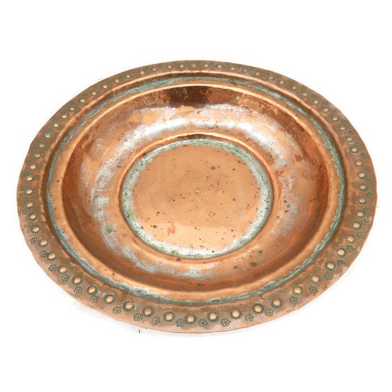 TURKISH ISLAMIC ETCHED COPPER TRAY WALL PLATE HAMMERED TRADITIONAL 13.5" 