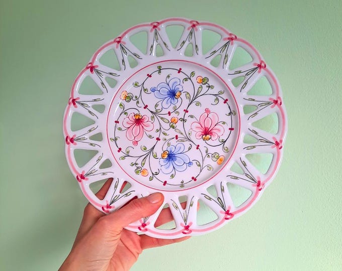 Portuguese Ceramic Hand Painted Floral Wall Plate By Anfora Agueda Portugal ,Mediterranean Wall Decor
